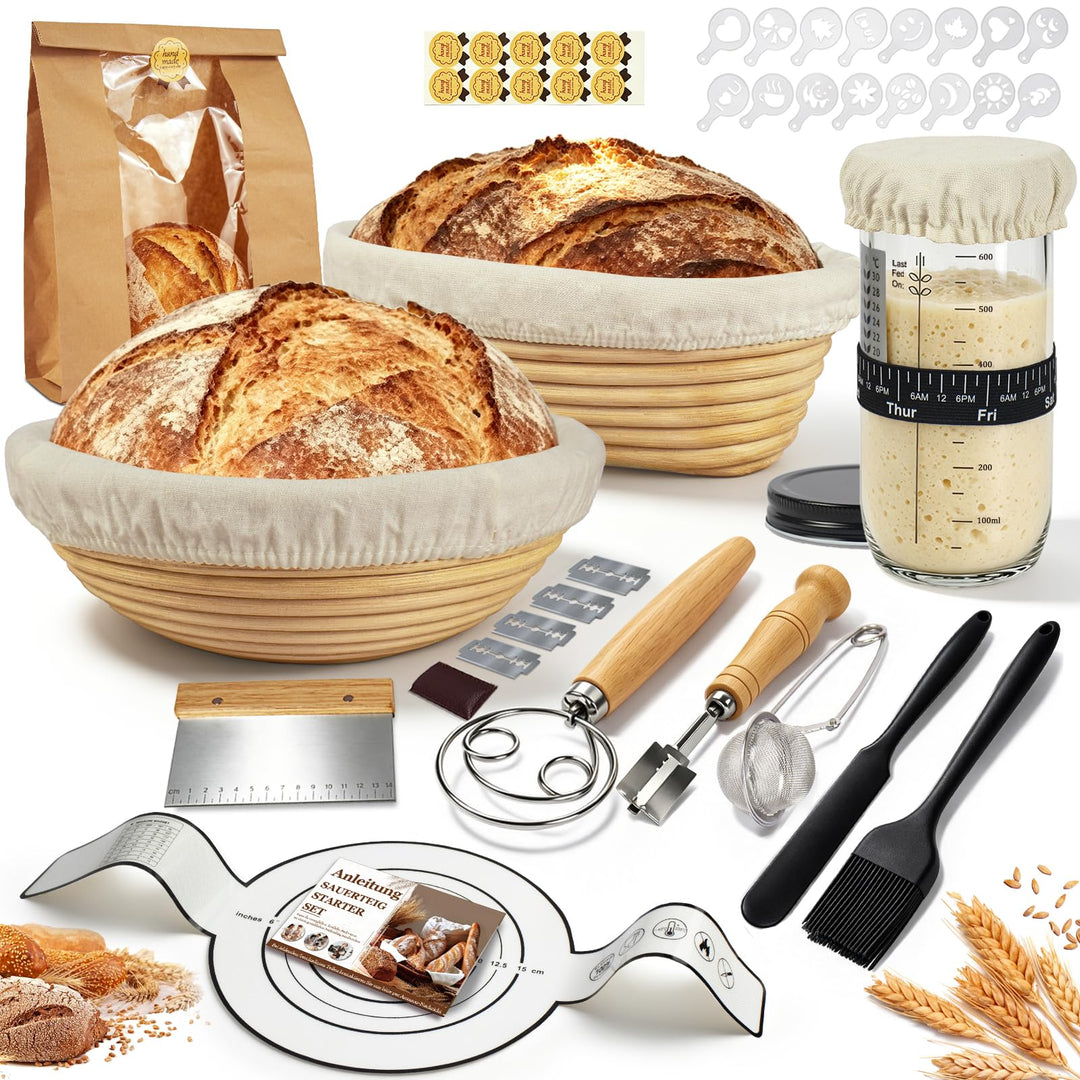 Sauerteig Starter Set mit 2 Gärkörbe, Backzubehör Set Set(oval &amp; rund), Set(oval &amp; rund)