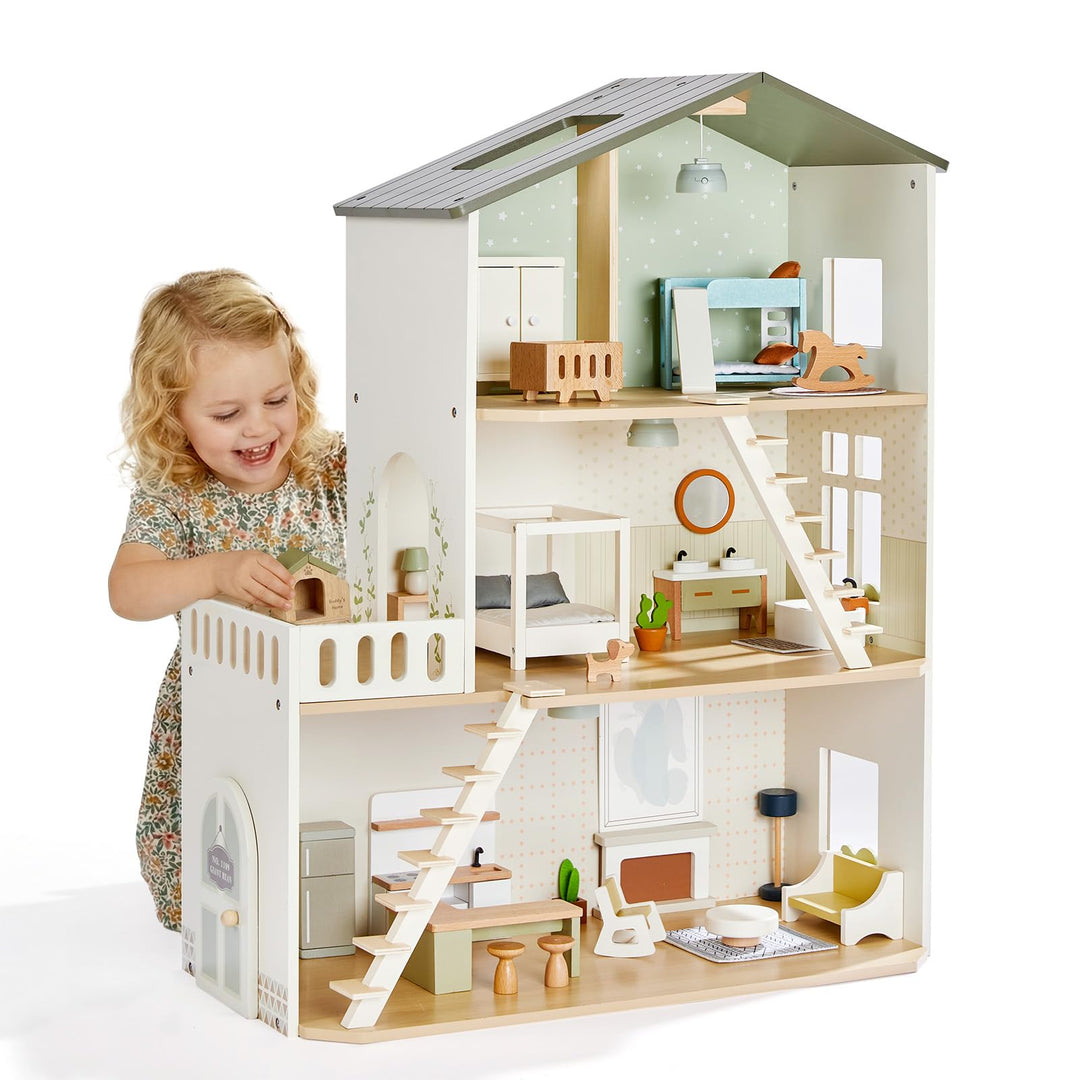 Puppenhaus Holz mit Beleuchtung, 3-stöckiges Puppenhaus mit 37 Möbeln, Nordisches Design, Beleuchtun