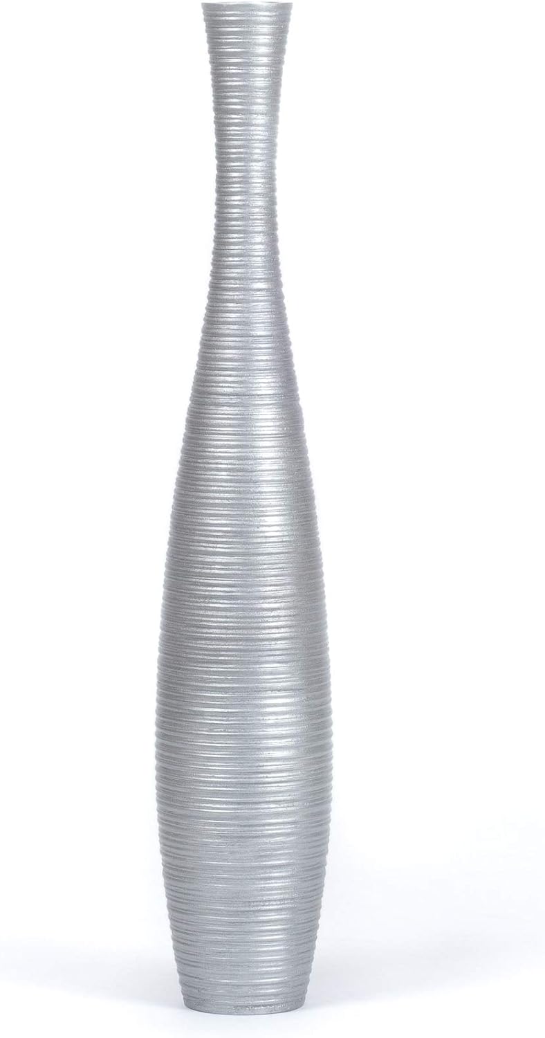 Leewadee Grosse Bodenvase für Dekozweige hohe Standvase Design Holzvase, Holz, 90 cm, Silber 90 cm S