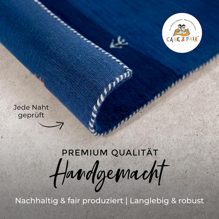 carpetfine Wollteppich Gabbeh Uni Läufer Blau 60x180 cm | Moderner Teppich für Wohn- und Schlafzimme