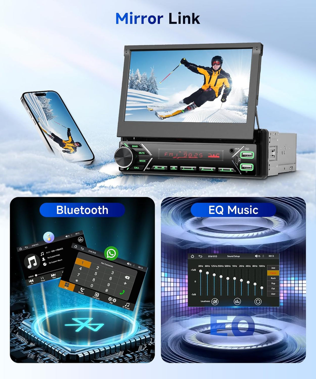 Hodozzy DAB Autoradio 1 Din Wireless Carplay Android Auto mit Automatisch Einziehbarem 7 Zoll Bildsc