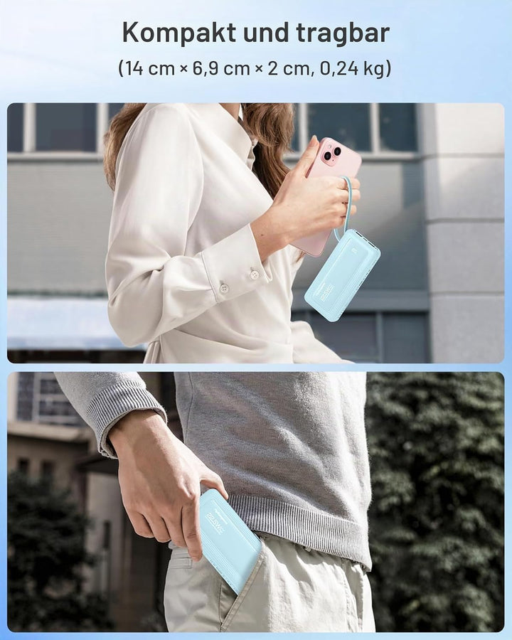 Powerbank mit integrierten Kabeln, 10000mAh, 22,5W Schnellladefunktion, USB-C LED-Anzeige, tragbares