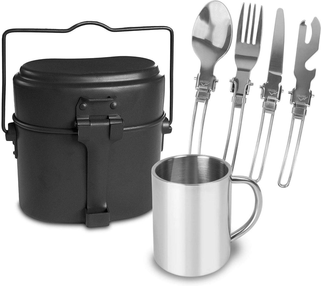 Outdoor Essgeschirr-Set bestehend aus Edelstahl Besteck, Tasse und BW Kochgeschirr Schwarz Mehrteili
