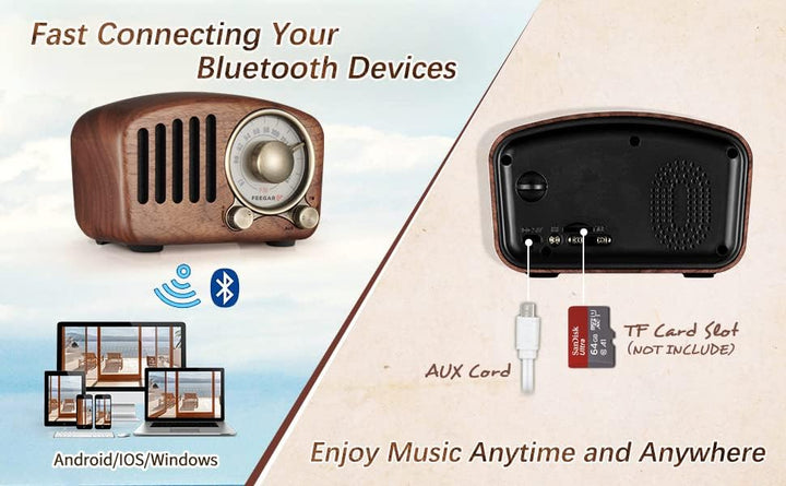 Radio Feegar Retro Bluetooth Lautsprecher,Vintage FM Radio mit altmodischem klassischem Stil,Starke