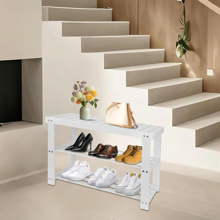 LANTUS Schuhregal, Schuhschrank mit Sitzbank, Bambus Schuhbank mit 3 Ablagen, ideal für Flur, Bad, W