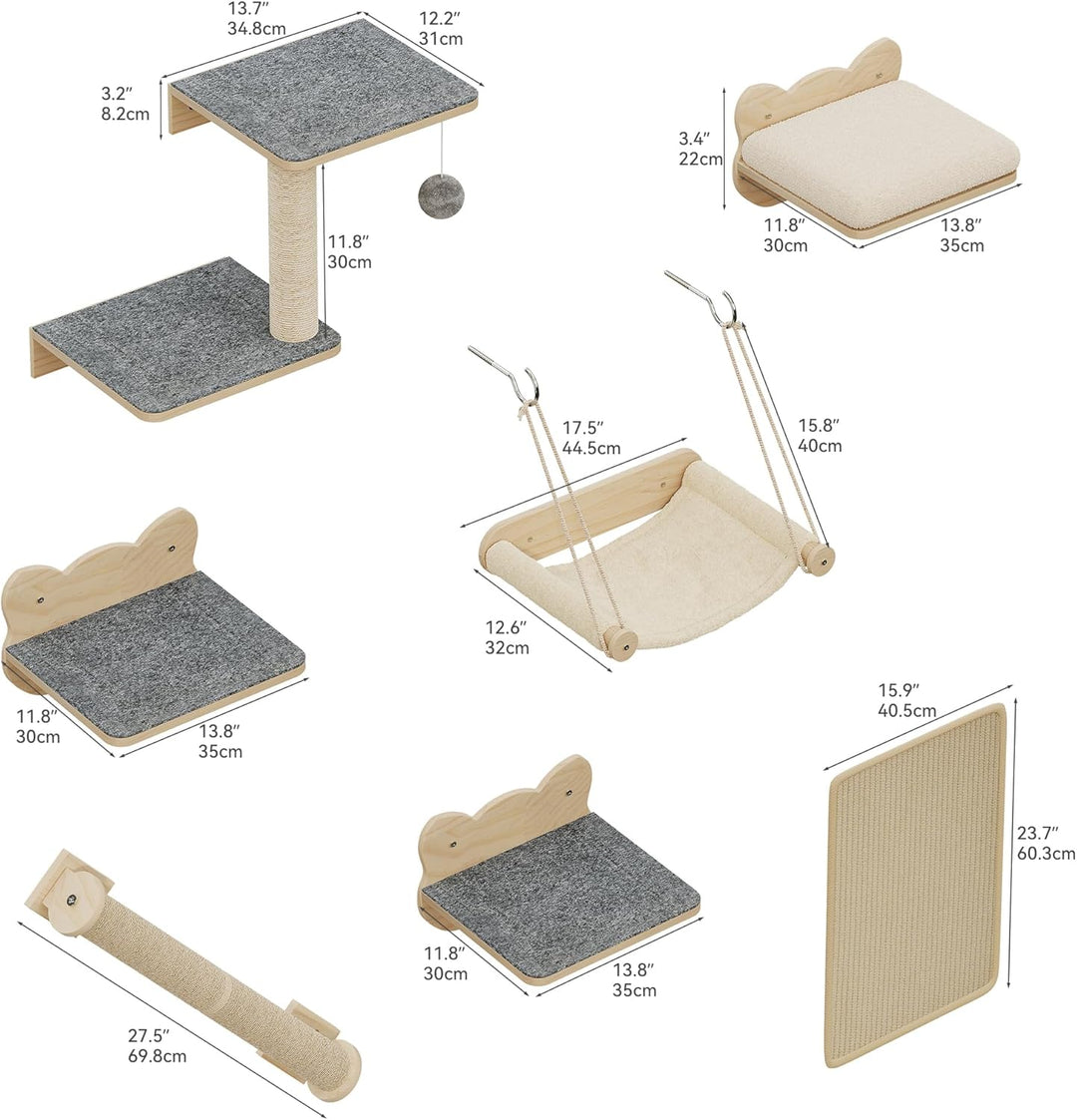 YITAHOME Katzenkletterwand-Set, Stabiler Holz Katzenmöbel, 7-Teilig Katzen Wandelemente mit Katzentr