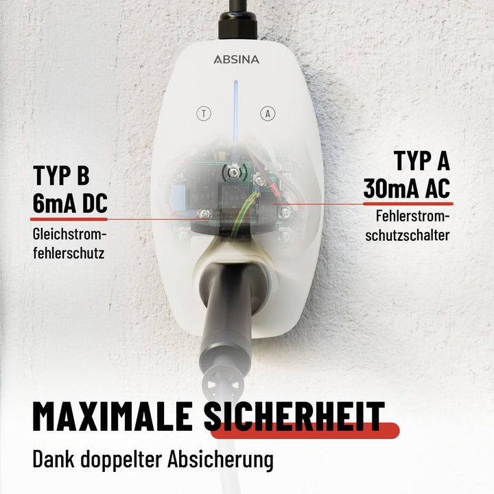 ABSINA Mobile Wallbox 11kW 16A mit App Steuerung - Wallbox mit CEE Stecker, RFID & Einstellbarer Lad