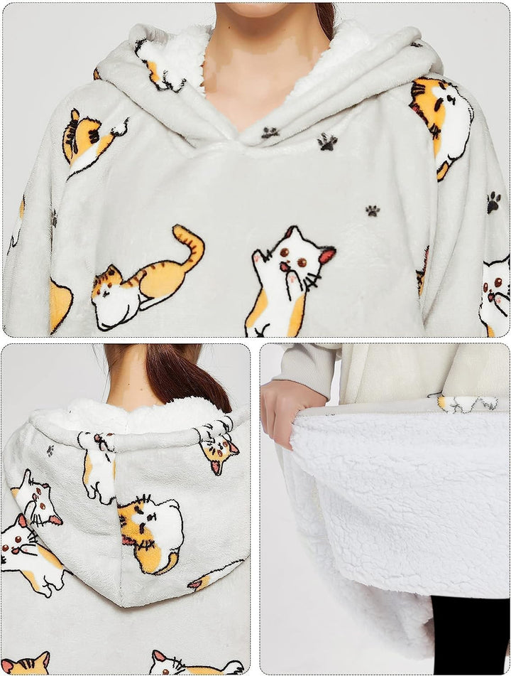 KFUBUO Tragbare Decke Hoodie für Erwachsene Sherpa Alle Muster Katze Übergrosse Sweatshirt Decke mit