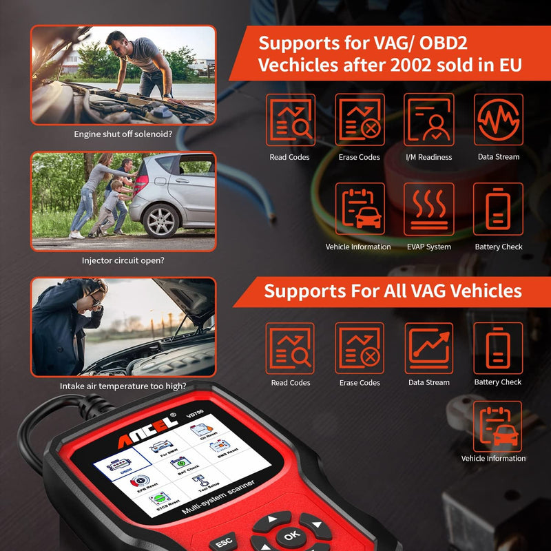 ANCEL VD700Pro OBD2 Diagnosegerät Auto für VAG Fahrzeuge Alles System KFZ Diagnosegerät mit 8 Sonder