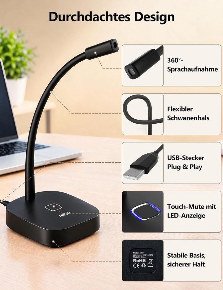 MillSO USB Mikrofon für PC Standmikrofon mit Touch-Mute, 360° Schwanenhals