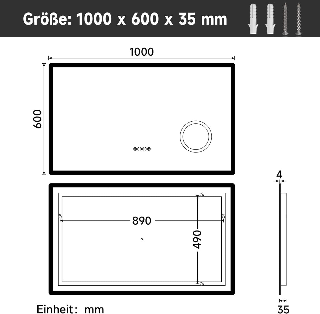 SUNXURY LED Badspiegel mit Uhr 100x60cm 3 Lichtfarbe dimmbar Wandspiegel mit 3X Vergrösserungslupe S