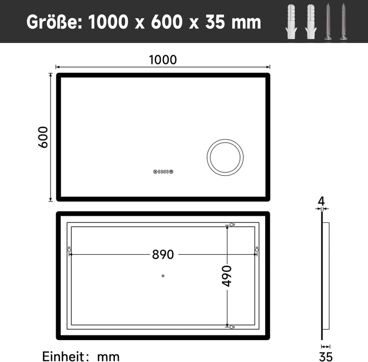 SUNXURY LED Badspiegel mit Uhr 100x60cm 3 Lichtfarbe dimmbar Wandspiegel mit 3X Vergrösserungslupe S
