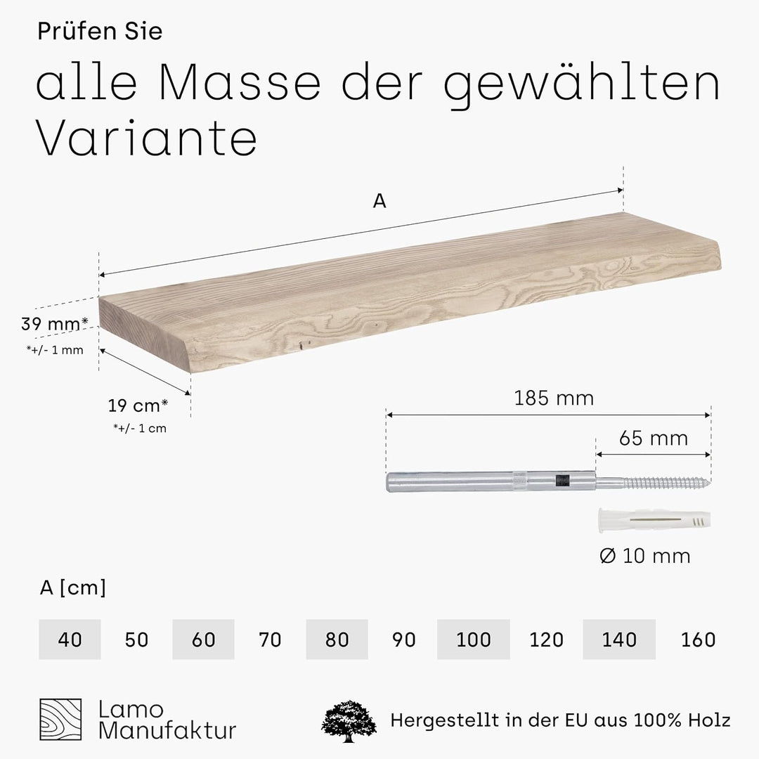 LAMO Manufaktur Wandregal Holz Baumkante | Regal Farbe: Roh | Invisible: Schweberegal | 120 cm Invis