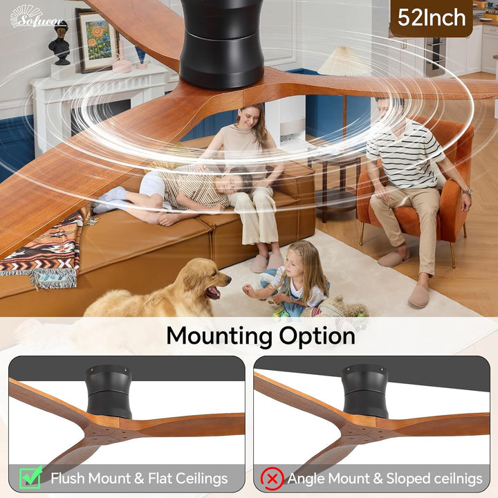 Sofucor Smart Deckenventilator mit Alexa/APP, 132cm Massivholz Deckenventilator mit Fernbedienung, W