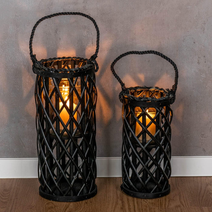 levandeo 2er Set Laterne Windlicht H40cm H31cm Schwarz Holz Weiden-Laterne geflochten Glaseinsatz Ke
