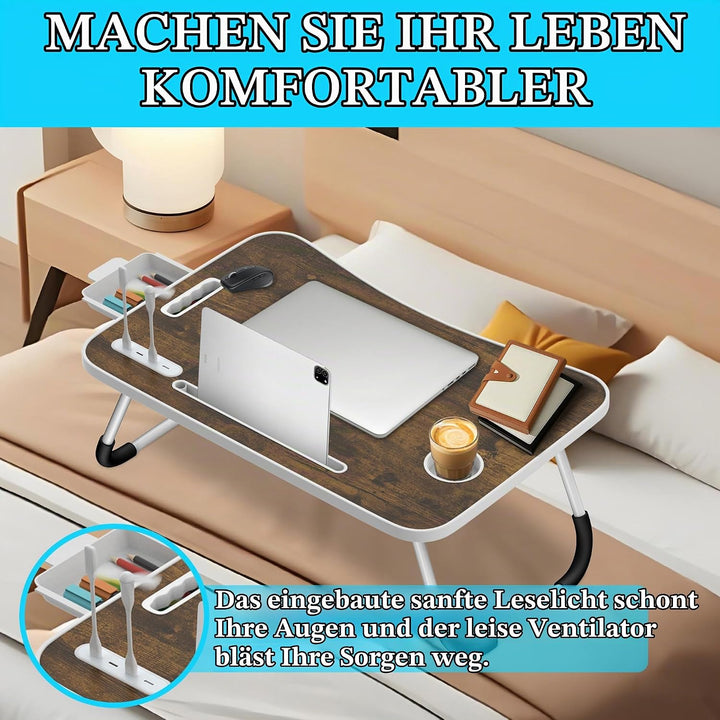 Soontrans Laptoptisch 60x40x28 cm, Laptop Tisch mit Schublade, Getränkehalter, Tablethalter, Griff,