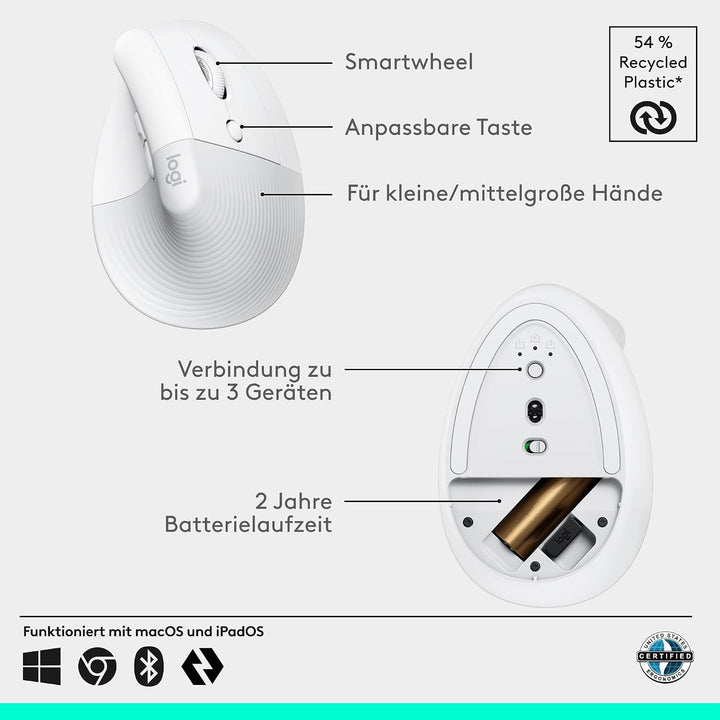 Logitech Lift Vertikale Ergonomische Maus, Kabellos, Bluetooth oder Logi Bolt USB-Empfänger, Leise K