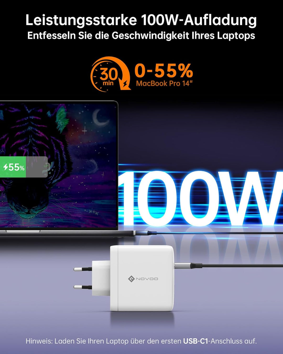 NOVOO 120W USB C Ladegerät GaN 3-Port Schnellladegerät mit 100W USB C Kabel PD Mehrfach Netzteil für