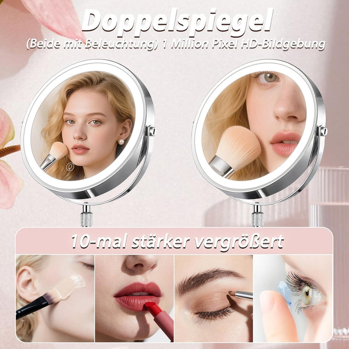 Wiederaufladbar Kosmetikspiegel mit 1X/10X Vergrösserungs LED Make-up Spiegel mit Lichtern, 9 Zoll d