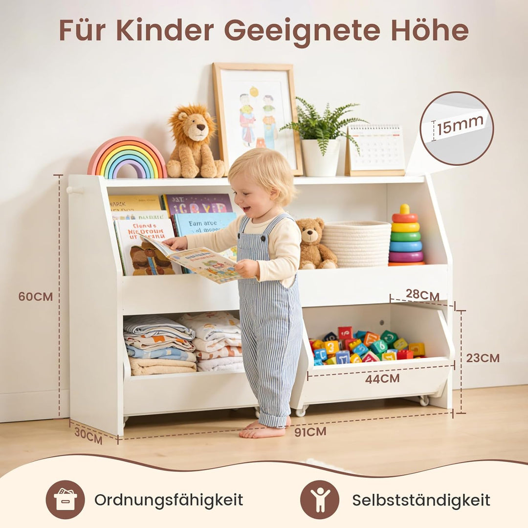 Kinderregal mit Boxen auf Rollen, Spielzeug Aufbewahrung, Kinderschrank Holz, Spielzeugregal Möbel f