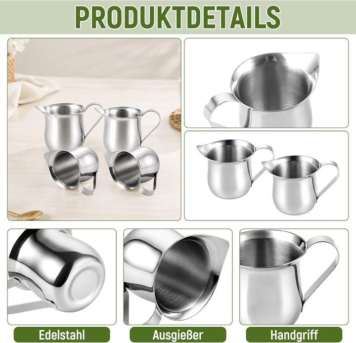 6 Stück Edelstahl Milchkännchen 90 ml, Mini Milchkanne set