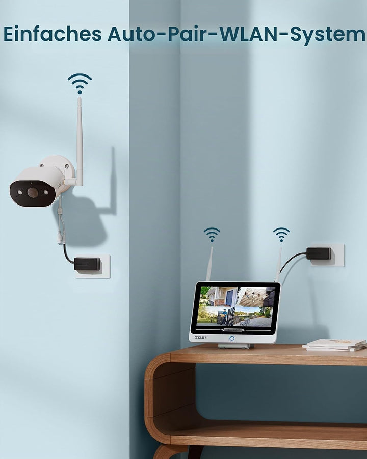ZOSI 2K Wi-Fi 6 Überwachungskamera Set Aussen mit 12" Monitor-NVR, 500GB | 4x 3MP WLAN-Kameras mit 2