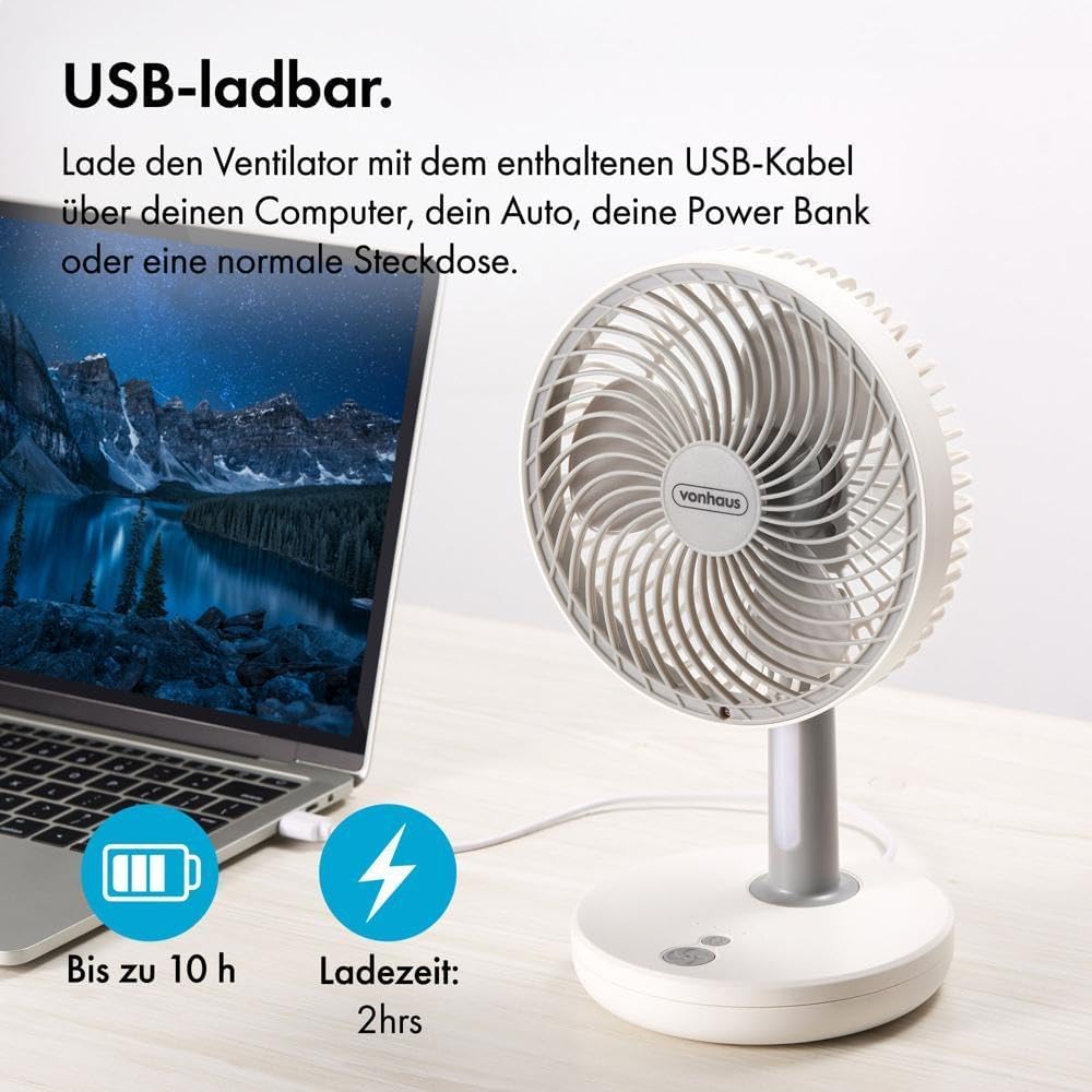 VonHaus 26cm Tischventilator – Leichter, Tragbarer, USB Mini Ventilator, 3 Stufen – Um 45° Neigbar,