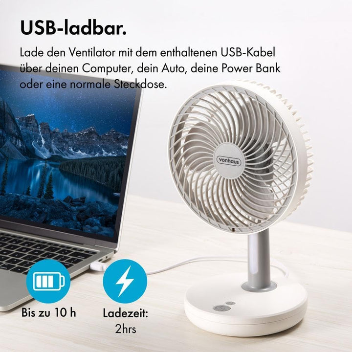 VonHaus 26cm Tischventilator – Leichter, Tragbarer, USB Mini Ventilator, 3 Stufen – Um 45° Neigbar,
