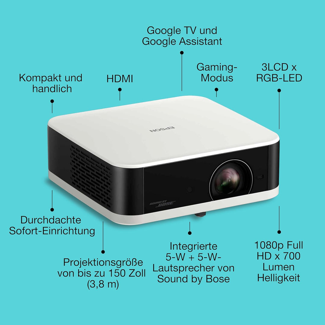 Epson Lifestudio Pop EF-61W Diamantweiss, tragbarer Smart-Projektor, Sound by Bose, Google TV, Full