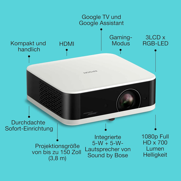 Epson Lifestudio Pop EF-61W Diamantweiss, tragbarer Smart-Projektor, Sound by Bose, Google TV, Full