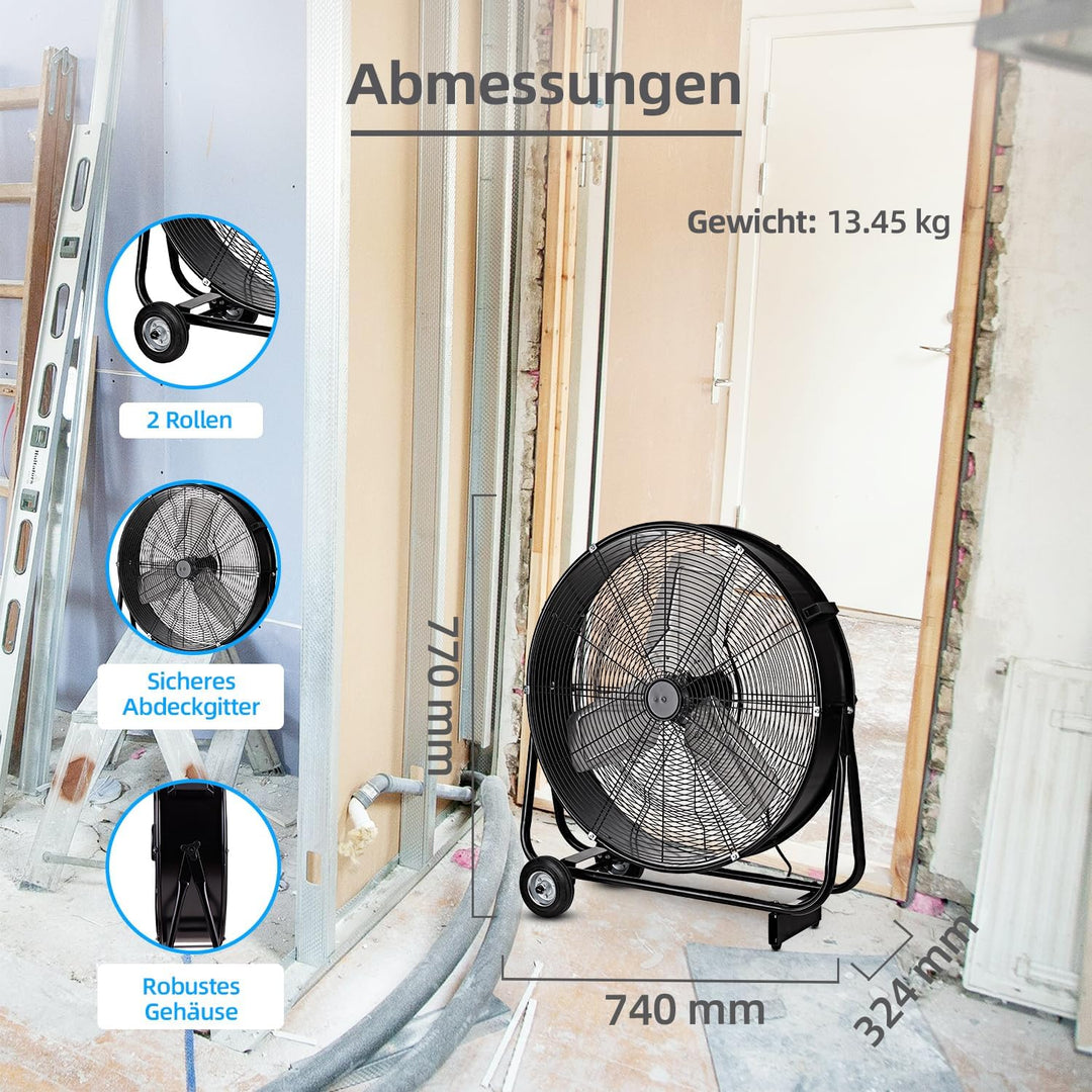 Be Cool Industrie-Windmaschine 60cm BCIWM60CM – Fahrbarer Trommelventilator, Ø 60 cm (24"), 230 Watt