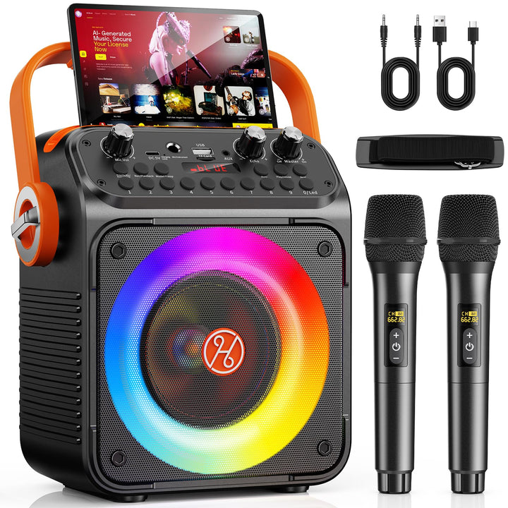 HWWR Karaoke Anlage mit 2 Mikrofonen, Bluetooth Lautsprecher mit 6,5 Zoll Subwoofer, RGB-Lichteffekt