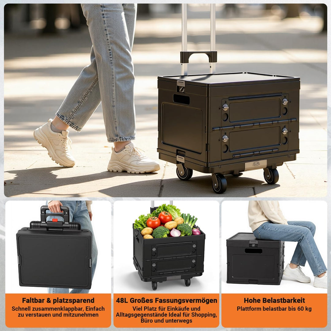 𝗝𝗮𝘅𝗴𝘂𝗼𝗺 Einkaufswagen faltbar 48L, Transportbox mit Rollen, Schwarz | Faltbare 48L Transportbox mit