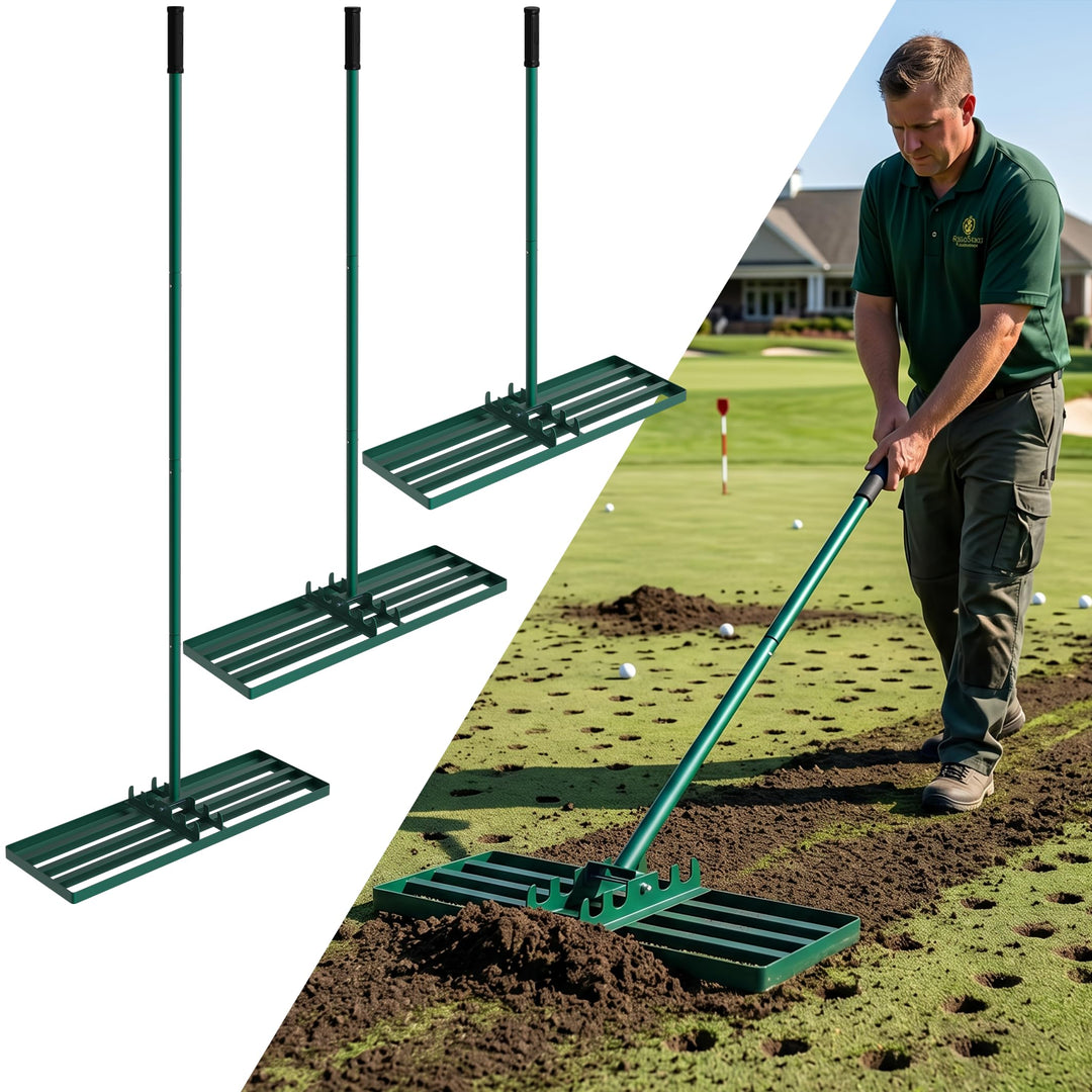 XMTECH Rasenharke Edelstahl 50x25cm Grün Verstellbarer Stiel Garten | Rutschfester Griff, verteilt M