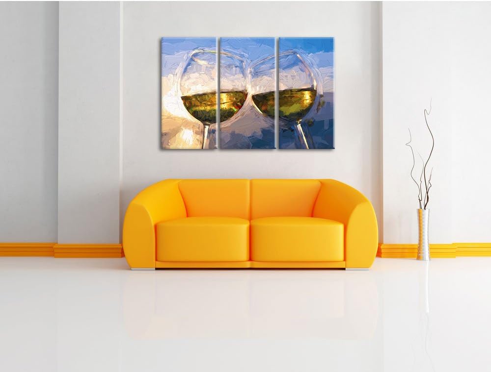 Pixxprint Weingläser im Sonnenuntergang am Meer Pinsel Effekt 3-Teiler Leinwandbild 120x80 Bild auf