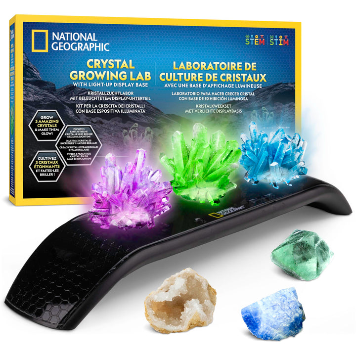 NATIONAL Geographic Kristallzucht-Set – Züchte 3 farbenfrohe Kristalle mit beleuchtetem Ständer & Ha