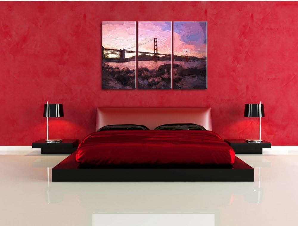 Pixxprint Golden Gate Bridge / 3-Teilig/Gesamtmass 120cm Leinwandbild bespannt auf Holzrahmen/Wandbi