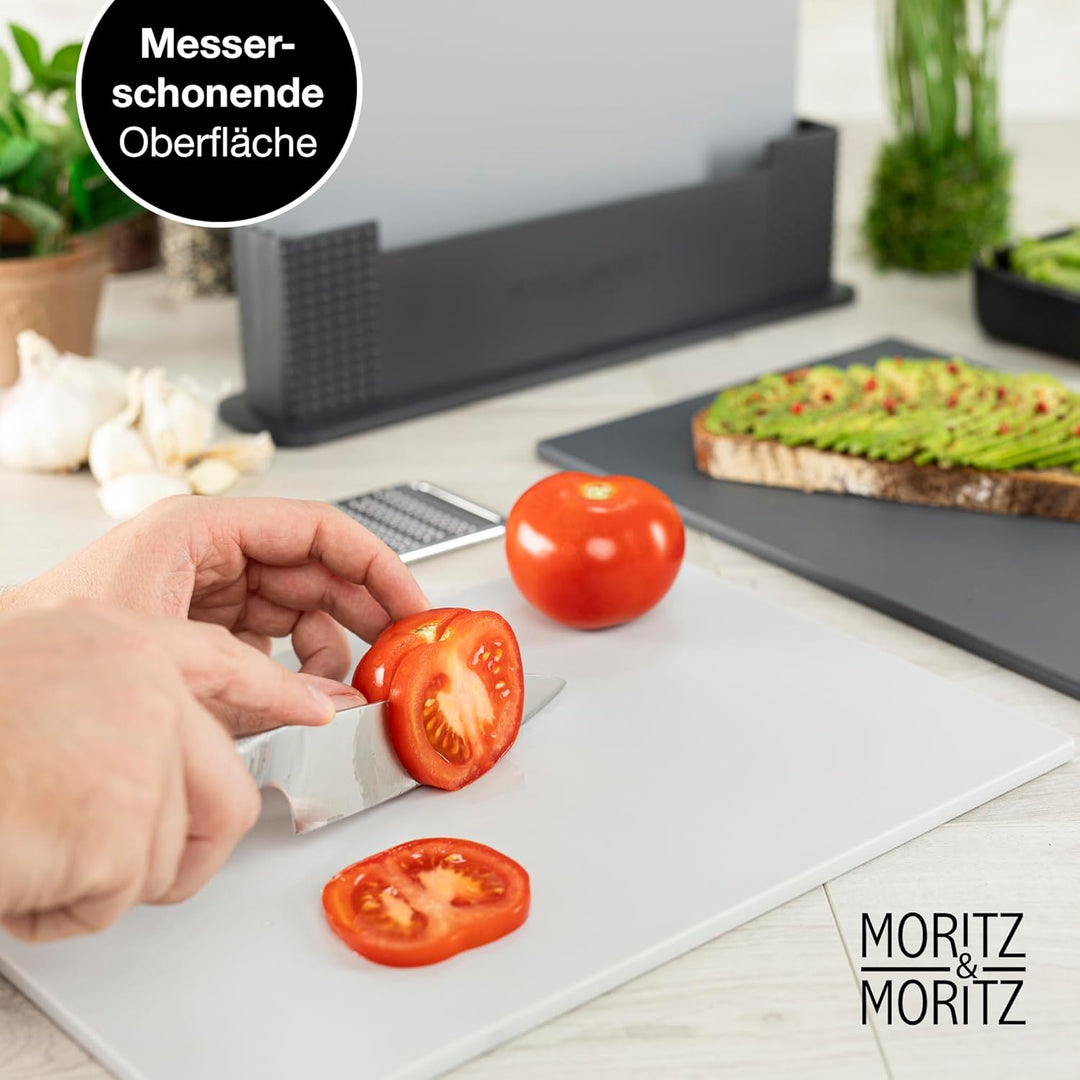 Moritz & Moritz 3x Schneidebrett Kunststoff Set - 32 x 22 cm - Im praktischen Ständer – Küchenbrett
