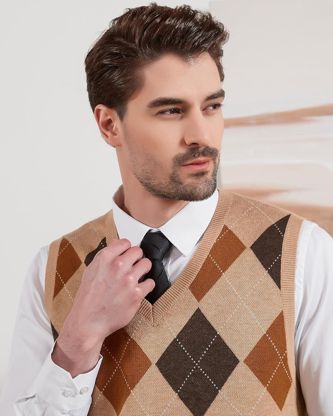 Kallspin Herren Argyle Gestrickt Ärmellos Pullover Wollmischung V-Ausschnitt Strickwesten 3XL Khaki,