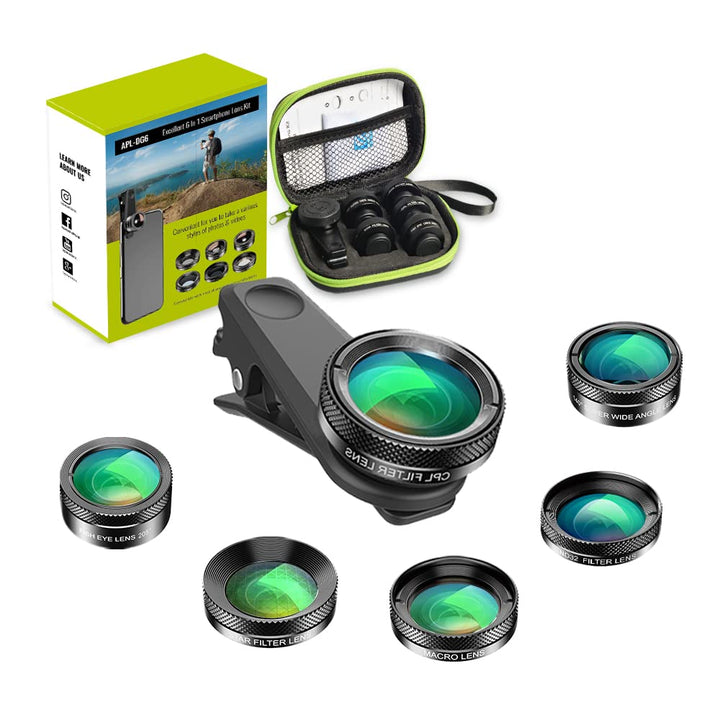 Apexel 6-in-1 Handy-Kameraobjektiv-Set, Weitwinkelobjektiv + Makroobjektiv + Fischaugenobjektiv + ND