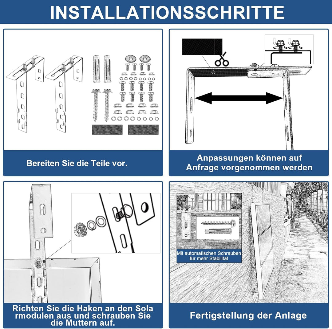 Einstellbare Solarpanel Halterung für Balkon & Flachdach, 2 Stück, Edelstahl, für Solarmodule 6-18 c