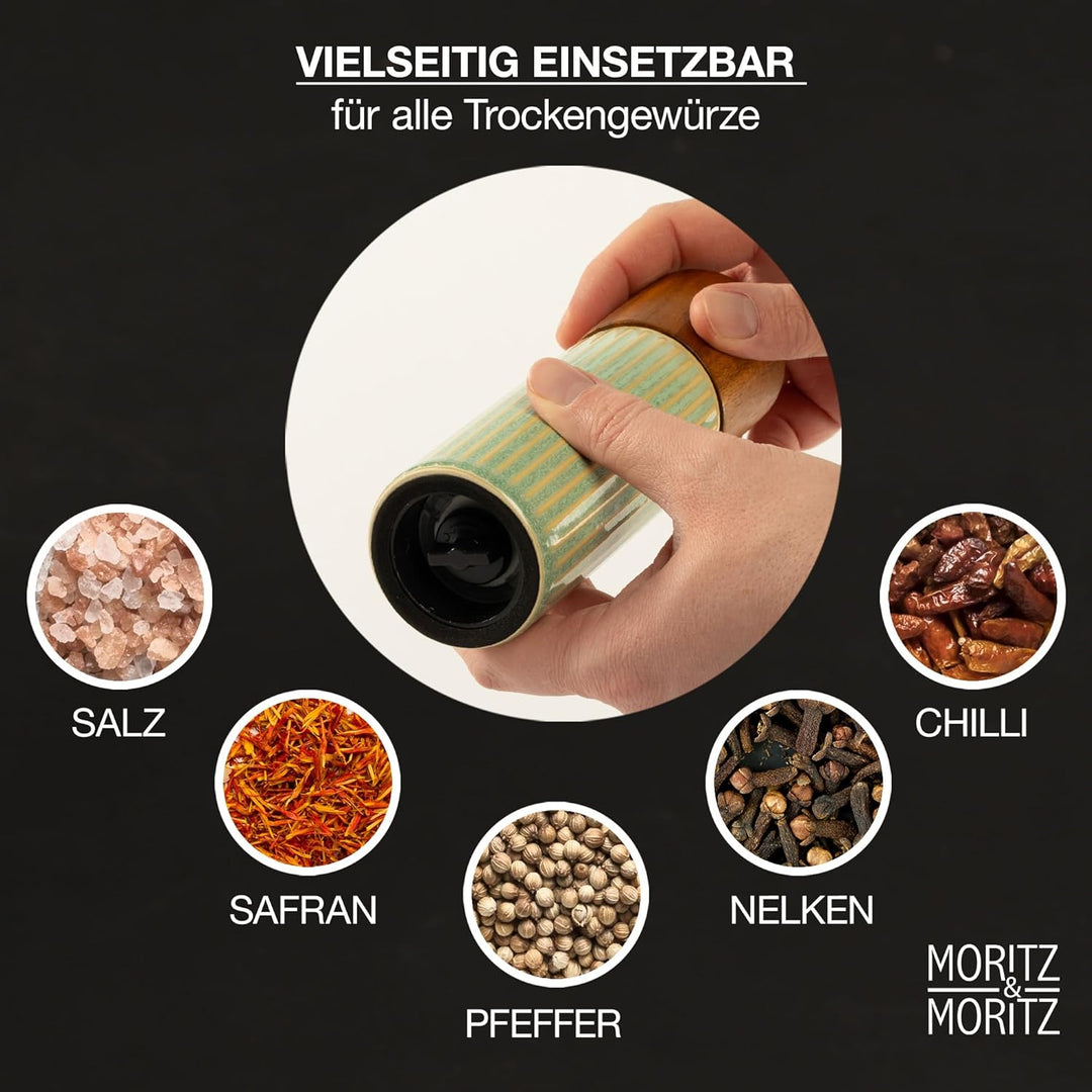 Moritz & Moritz PEPE Gewürzmühle 2er Set blau/grün - Salz und Pfeffermühle aus Steinzeug & Akazienho