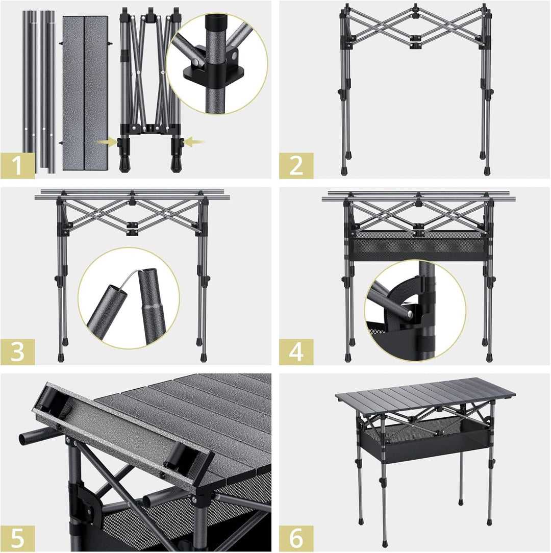 Anbte Campingtisch Aluminium 82x40cm(LxB) Aufrollbare Tischplatte 2 Verstellbar Höhen 44/70cm Klappt