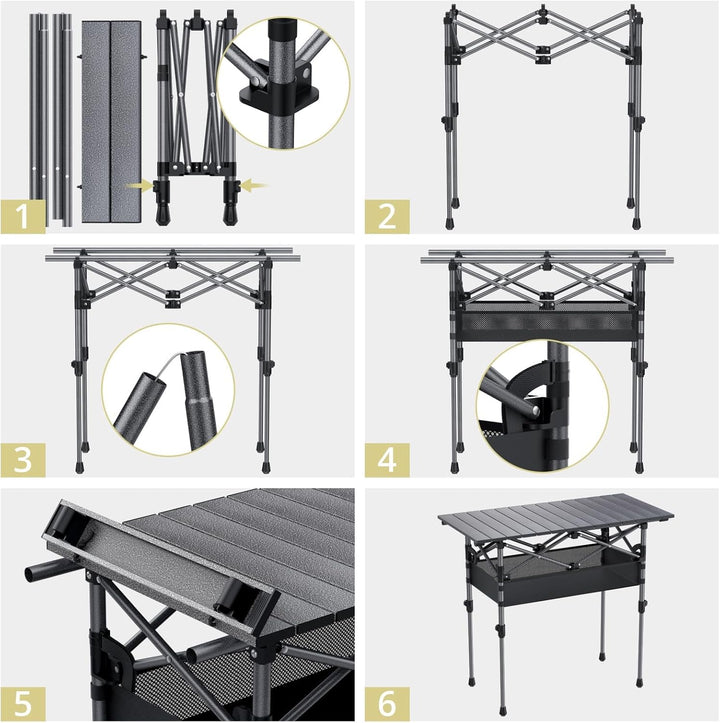 Anbte Campingtisch Aluminium 82x40cm(LxB) Aufrollbare Tischplatte 2 Verstellbar Höhen 44/70cm Klappt