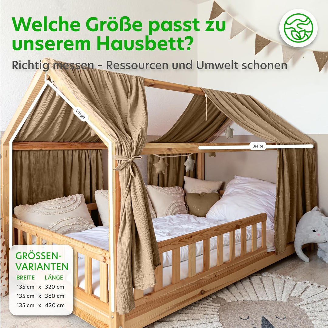 Hausbett Himmel mit Gold Applikation [in 12 Farben] Betthimmel Hausbett aus 100% Baumwolle Musselin