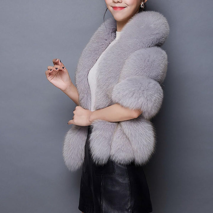 Damen Mode Herbst Schal Stola Winter Umhang Poncho Cape aus Kunstfell Jacke Mantel Brautkleid Grau E