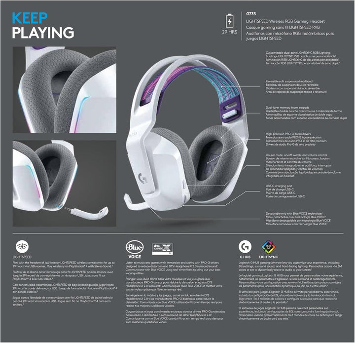Logitech G733 LIGHTSPEED kabelloses Gaming-Headset mit Kopfbügel, LIGHTSYNC RGB, Blue VO!CE Mikrofon