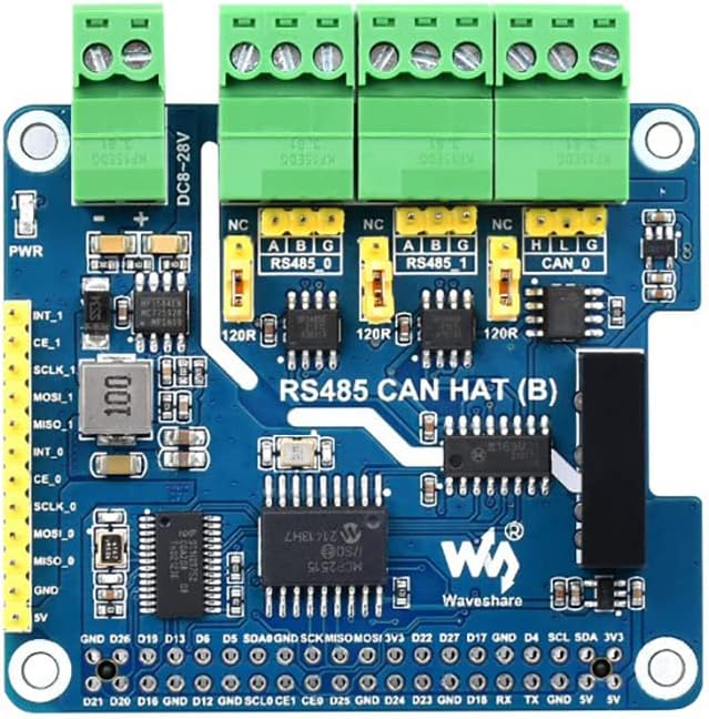 Isolated RS485 CAN HAT (B) for Raspberry Pi Series, SPI Communication, 2-Ch RS485 and 1-Ch CAN, Conv