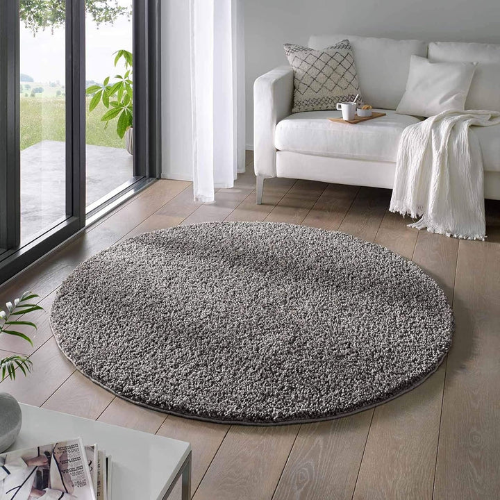 Taracarpet Shaggy Teppich Wohnzimmer Venezia Hochflor Langflor Teppiche modern Anthrazit 120 cm rund