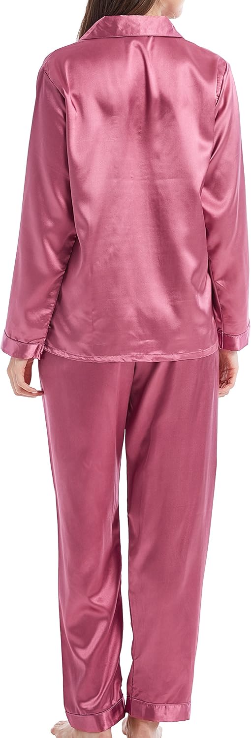 Damen Schlafanzug Pyjama Satin Lang Nachtwäsche Set Klassische Loungewear S Beere, S Beere